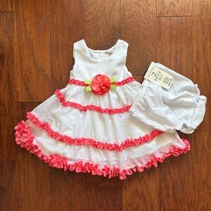 Rare Editions White and Pink Ruffle Dress & Bloomers Set